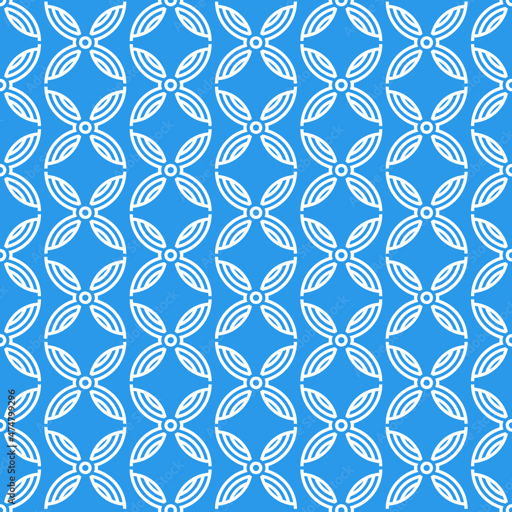 Seamless pattern of geometric flower shaped figures. Round circle vector icons white on blue background. Branding logotype design element for corporate style design Seamless pattern of geometric flower shaped figures. Round circle vector icons white on blue background. Branding logotype design element for corporate style design