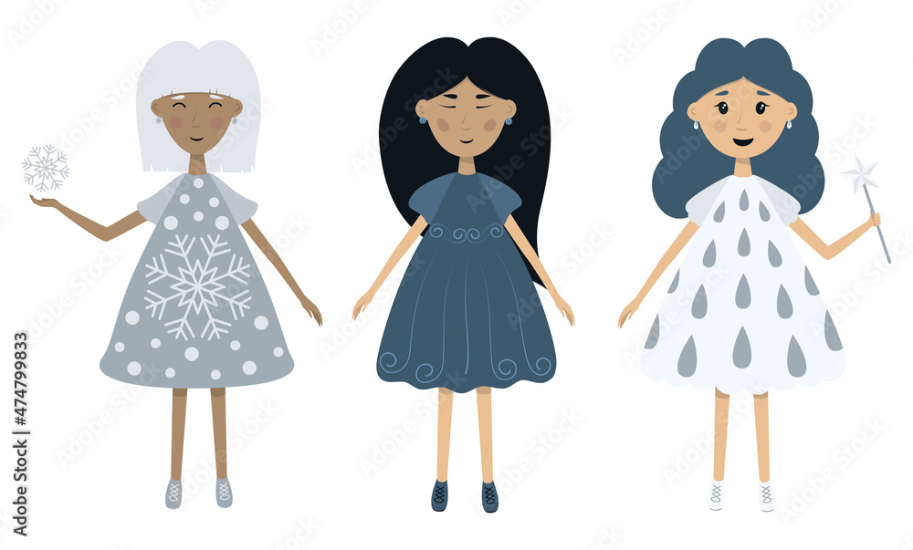 Cartoon girls with magic wand. Weather fairies. Flat vector illustration Cartoon girls with magic wand. Weather fairies. Flat vector illustration