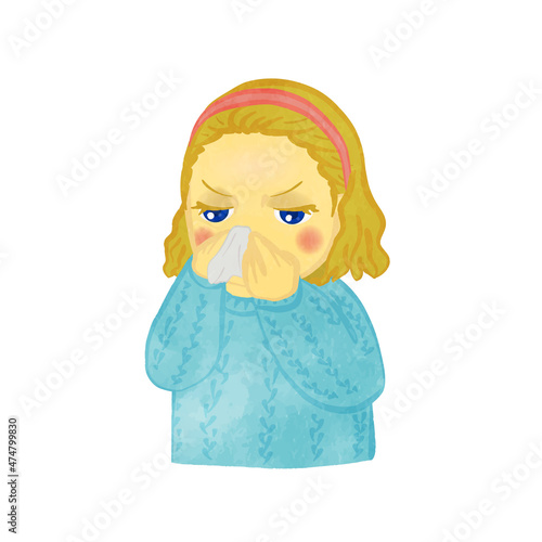 Cute girl blowing her nose