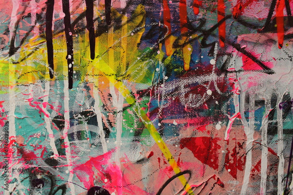 Abstract acrylic painting featuring a wall graffiti look with writing for backgrounds.