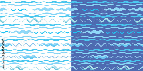 Set of marine seamless patterns with sea waves on white and blue backgrounds. Cute design for textiles, wallpapers and gift wrapping.