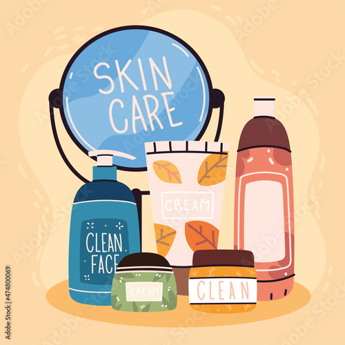 skin care creams and mirror