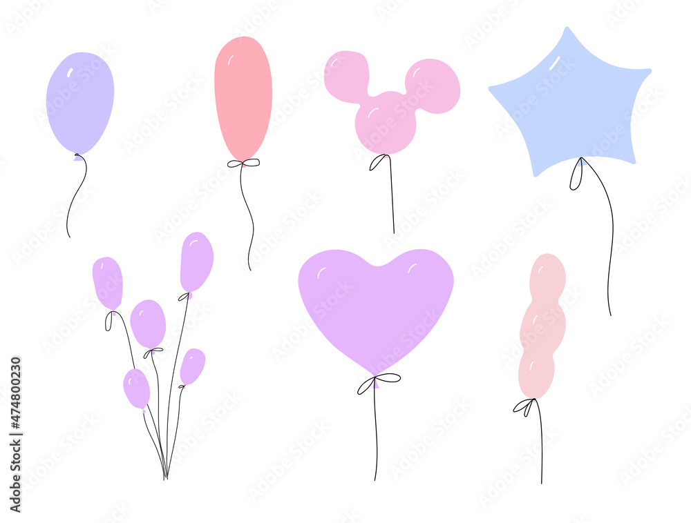 A set of vector balls of different shapes in the doodle style for the decoration of greeting cards.