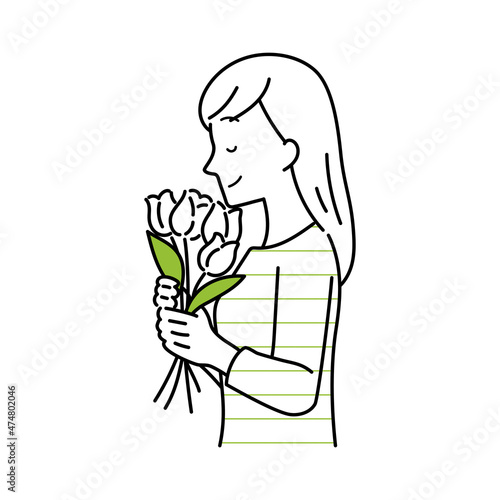 Illustration of a woman holding a flower  upper body.
