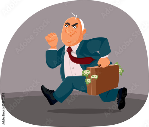 Corrupt Businessman Running with a Briefcase of Money Vector Cartoon