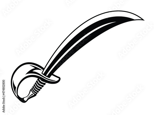 A saber curved in a pirate style like vintage in vector on a white background in monochrome