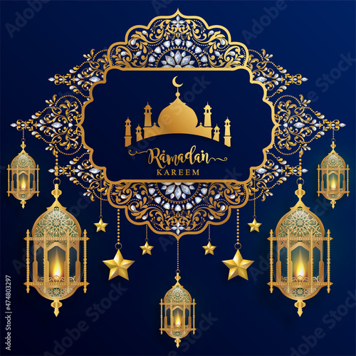 Ramadan Kareem, Ramadhan or Eid mubarak by Muslims greeting background Islamic with gold patterned and crystals on paper color background.( Translation : Ramadan Kareem )