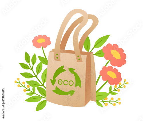 Eco fabric shopping bag. Zero Waste reusable recycle cotton shopper sack cloth. Ecology protection, go green lifestyle no plastic. Care about the Environment. Vector illustration with flowers branches