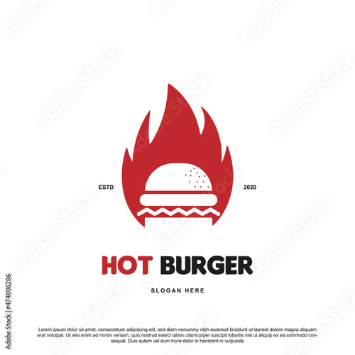 Creative hot burger logo design. burger with fire vector