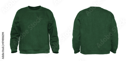 Blank sweatshirt color green on invisible mannequin template front and back view on white background
