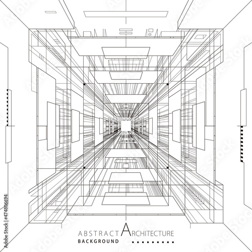3D illustration architecture abstract construction perspective line drawing design, technology black and white background.