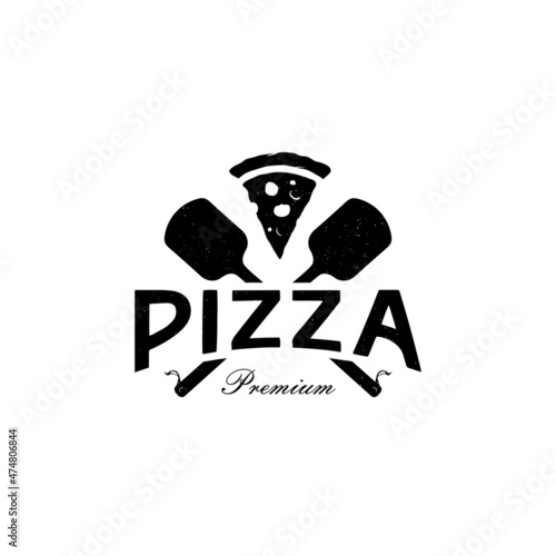Pizza logo with oven shovel. Wood fired pizza on white background