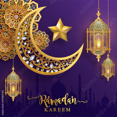 Ramadan Kareem, Ramadhan or Eid mubarak by Muslims greeting background Islamic with gold patterned and crystals on paper color background.( Translation : Ramadan Kareem )