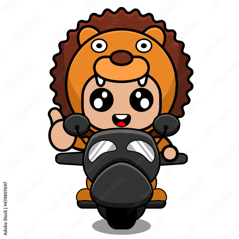 Fototapeta premium vector illustration of cute animal mascot costume character lion hat riding a motorcycle