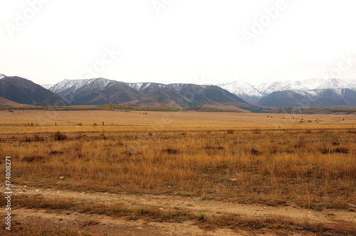 Deserted and dry steppe at the foot of a mountain range with snow-capped peaks in early autumn.