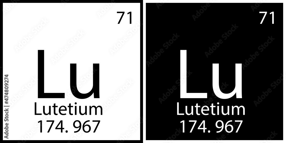 Lutetium chemical symbol. Flat art. Mendeleev table. Science structure. Square frames. Vector illustration. Stock image.