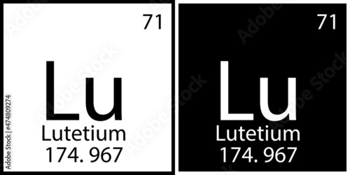 Lutetium chemical symbol. Flat art. Mendeleev table. Science structure. Square frames. Vector illustration. Stock image.