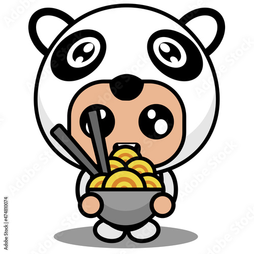 vector illustration of cartoon character cute panda animal mascot costume eating noodles