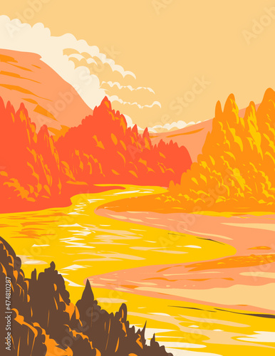 WPA poster art of Bear River State Park straddling the Bear River on the east side of the city of Evanston, Wyoming, United States of America USA done in works project administration style.

