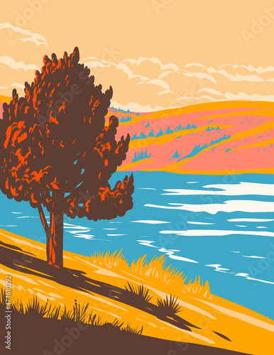 WPA poster art of Curt Gowdy State Park with Granite Springs Reservoir in Albany and Laramie counties, Wyoming, United States of America USA done in works project administration style.

