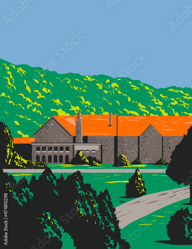 WPA poster art of the stone lodge with red roof and trees in front during spring done in works project administration or federal art project style.
