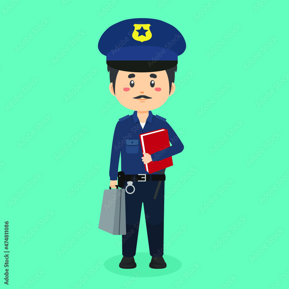 Police Character Standing With File and Briefcase