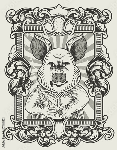 illustration vintage psychopath pig with engraving style