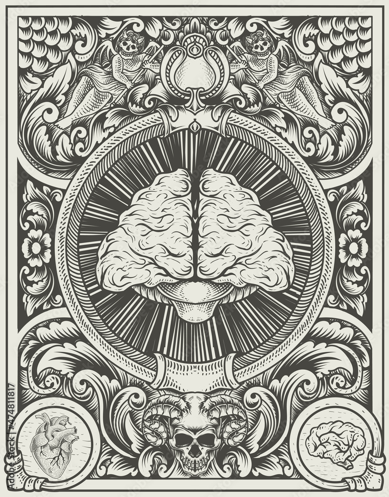 illustration antique brain with engraving style