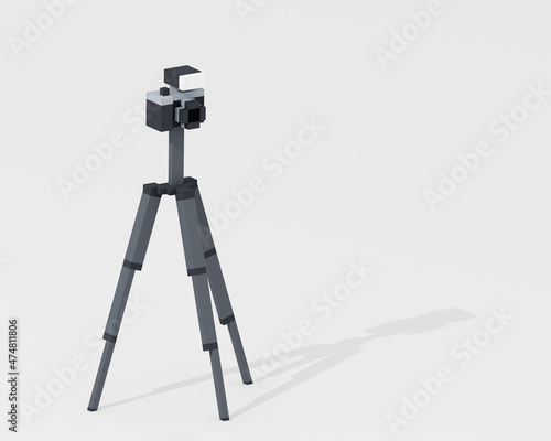 Digital camera, a digital art of mirrorless camera with flashlight and metal steel tripod in black & white retro style isometric voxel raster 3D illustration render on brown background.