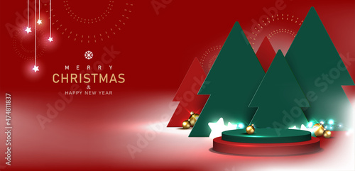 Christmas and New Year scene. Pedestal for product display. Stage podium 3d decorated with white misty, trees, and element Christmas day on Red background. Vector illustration.