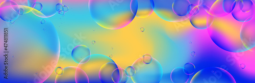 Liquid trendy background. Neon bright banner with transparent bubbles for website, landing page, social media. Stock vector illustration.