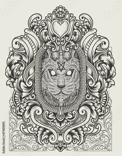 illustration vintage demon cat with engraving style