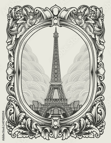 illustration retro eiffel tower with vintage style