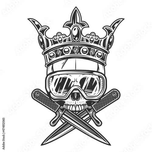 Gangster king skull in crown with crossed knife and new construction builder safety glasses isolated vector illustration. Skeleton of a bandit prince with crossed dagger.