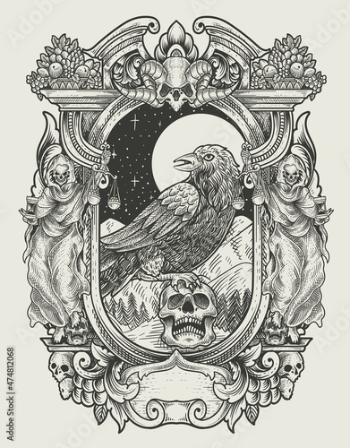illustration vintage scary crow with engraving style