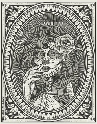 illustration sugar lady skull with engraving style