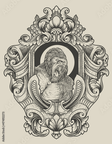 illustration vintage gorilla with engraving style