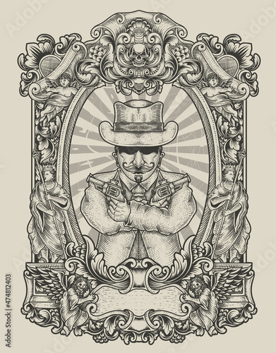 illustration mafia gangster with engraving style