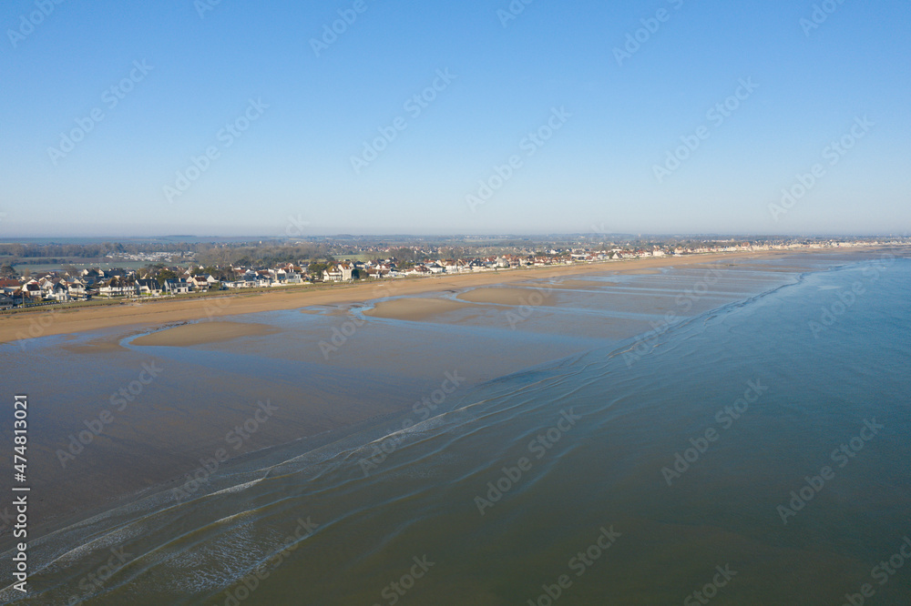 Sword beach in Hermanville-sur-Mer in Europe, France, Normandy, towards Ouistreham, Arromanches, in spring, on a sunny day.