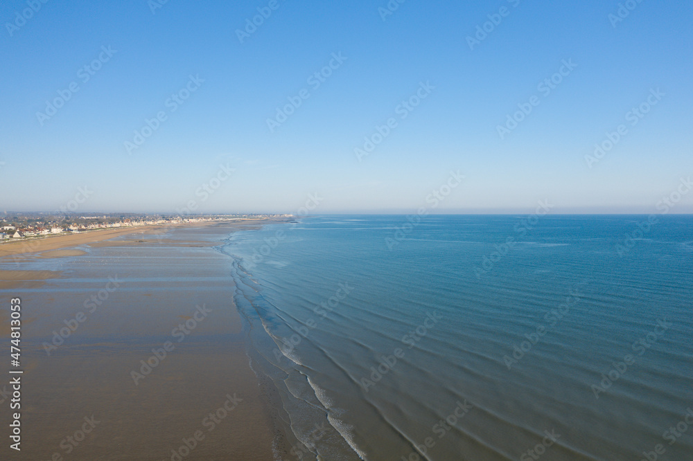 Sword beach in Hermanville-sur-Mer on the English Channel in Europe, France, Normandy, towards Ouistreham, Arromanches, in spring, on a sunny day.
