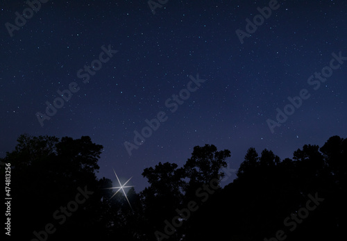 Bright star rising above a dark forest