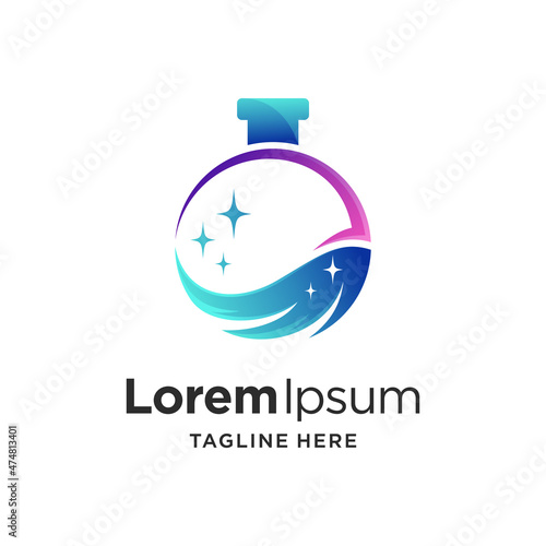 lab cleaning service logo with mop and flask glass concept