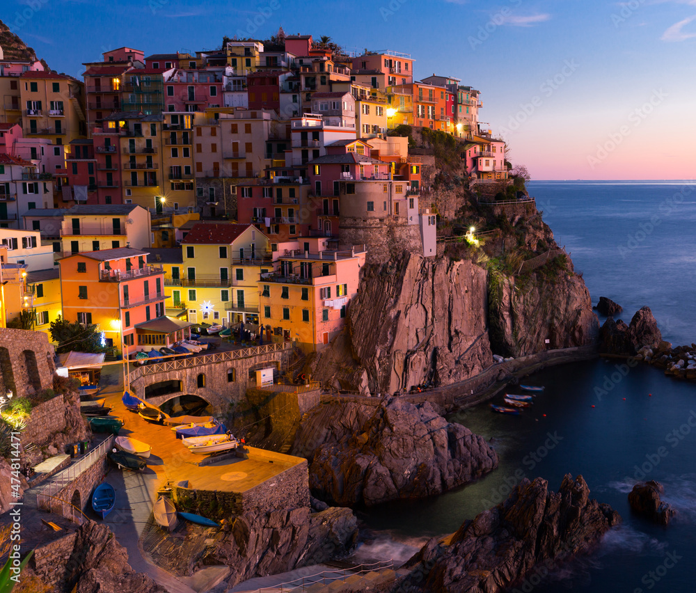 Small picturesque Italian town of Manarola in evening time