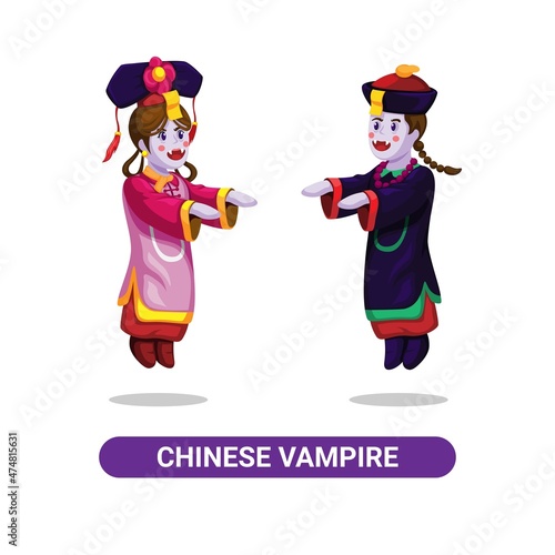 Chinese Zombie Vampire Couple. asian urban legend monster character set cartoon illustration vector
