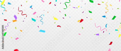 Celebration background template with confetti and colorful ribbons.