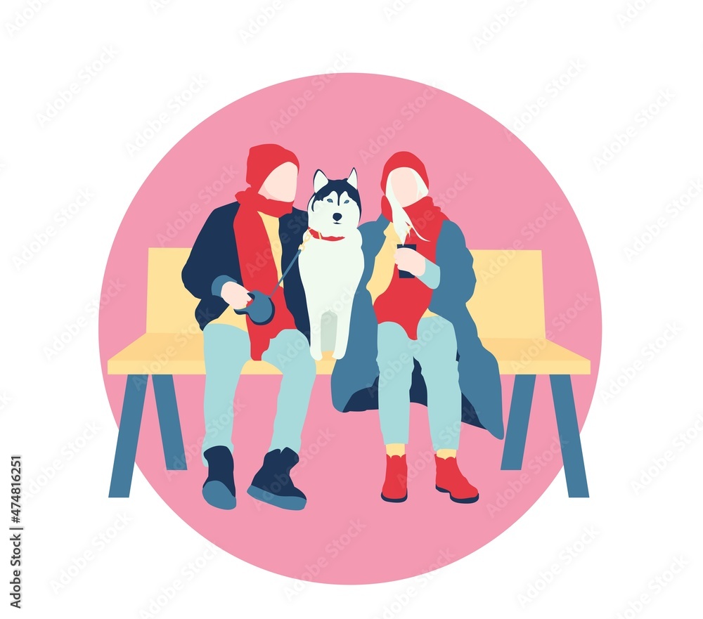 The couple with a husky sitting on a bench The couple with a husky sitting on a bench