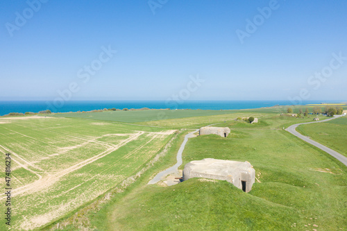 Longues-sur-Mer battery bunkers in Europe, France, Normandy, towards Arromanches, Longues sur Mer, in spring, on a sunny day. © Florent