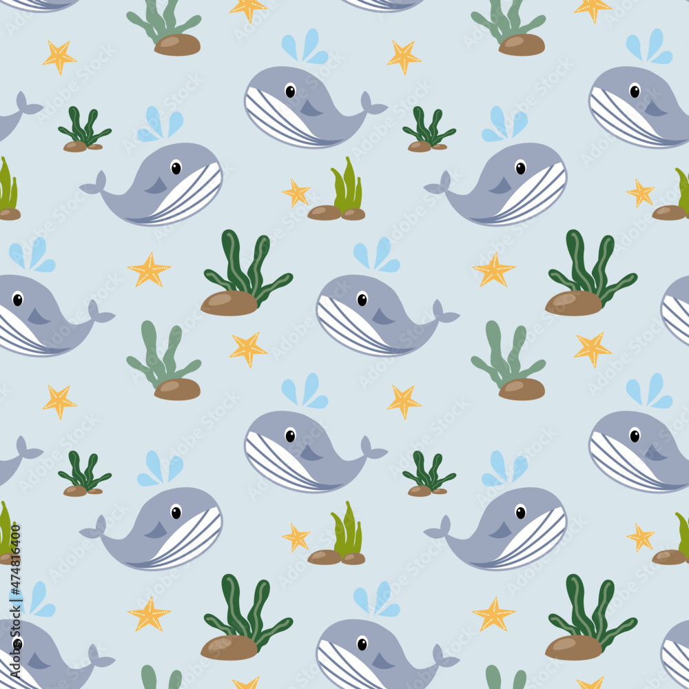 Fototapeta premium dolphins seamless pattern, sea stars, Sea life, whales, ship, anchors and ship steering wheel, vector illustration.