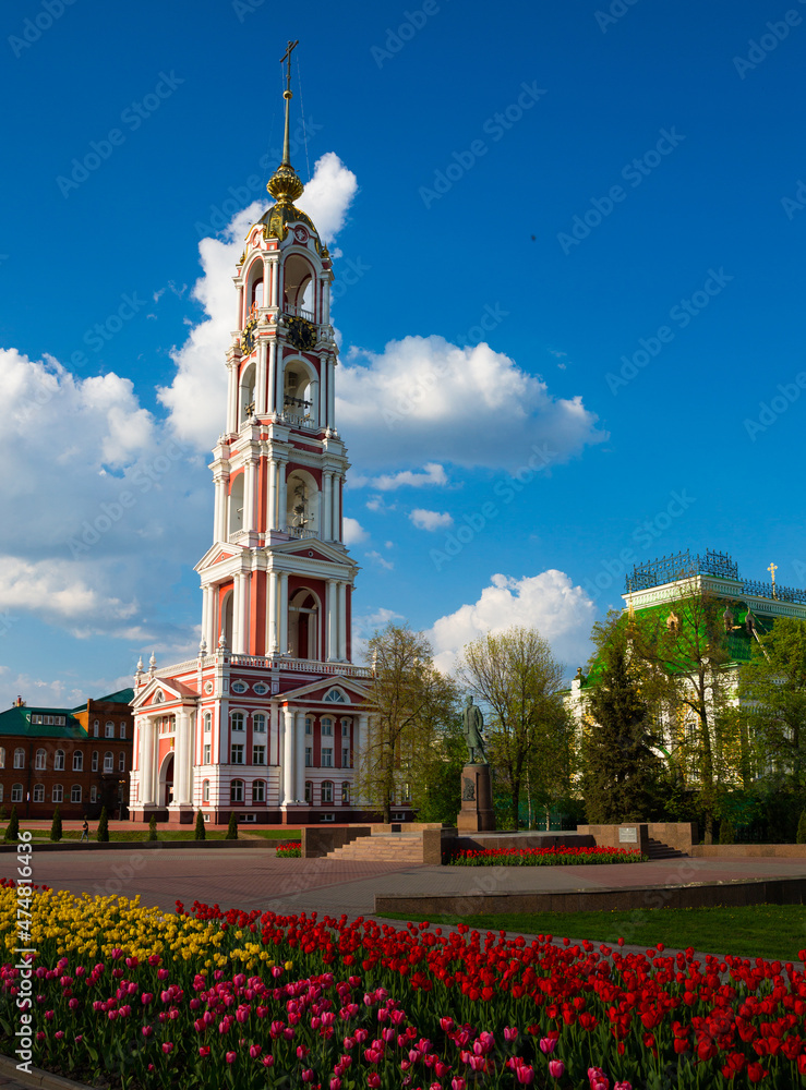 Fototapeta premium View of multi-tiered bell tower of Monastery of Our Lady of Kazan in Russian city of Tambov