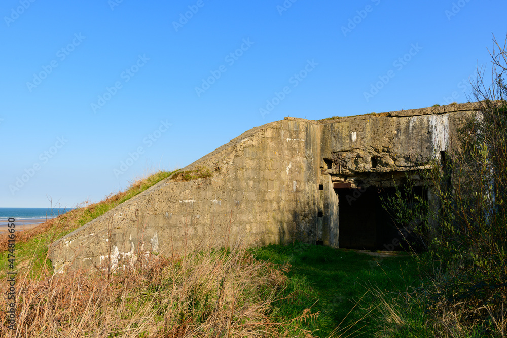 The WN62 bunker at Omaha beach in Europe, France, Normandy, towards Arromanches, Colleville, in spring, on a sunny day.